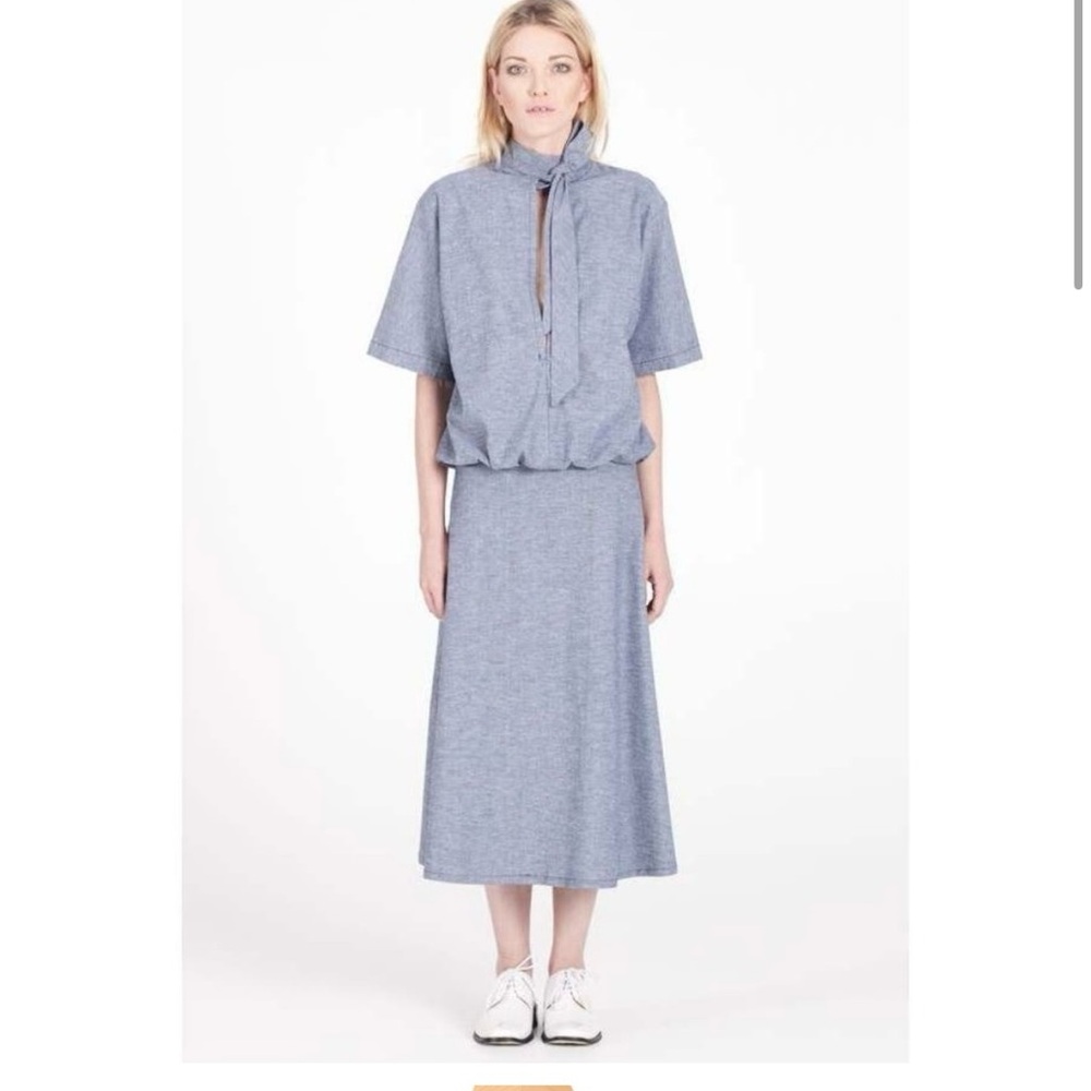 NWT Toit Volant Front Bow Tie Midi Dress Sz L Short Sleeve Chambray $260